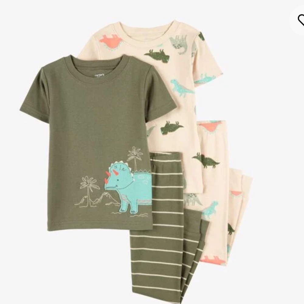 NWT 4-Piece Dinosaur Print Kids Cotton Pajamas Set - Green and Cream